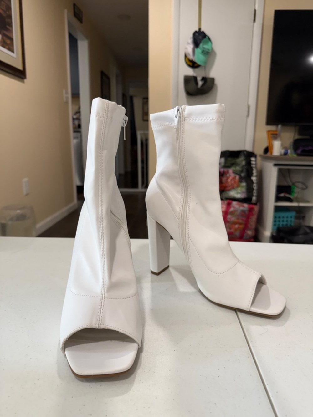Hot Tomato White Peep-Toe Block Heel Ankle Boots - Women's Booties